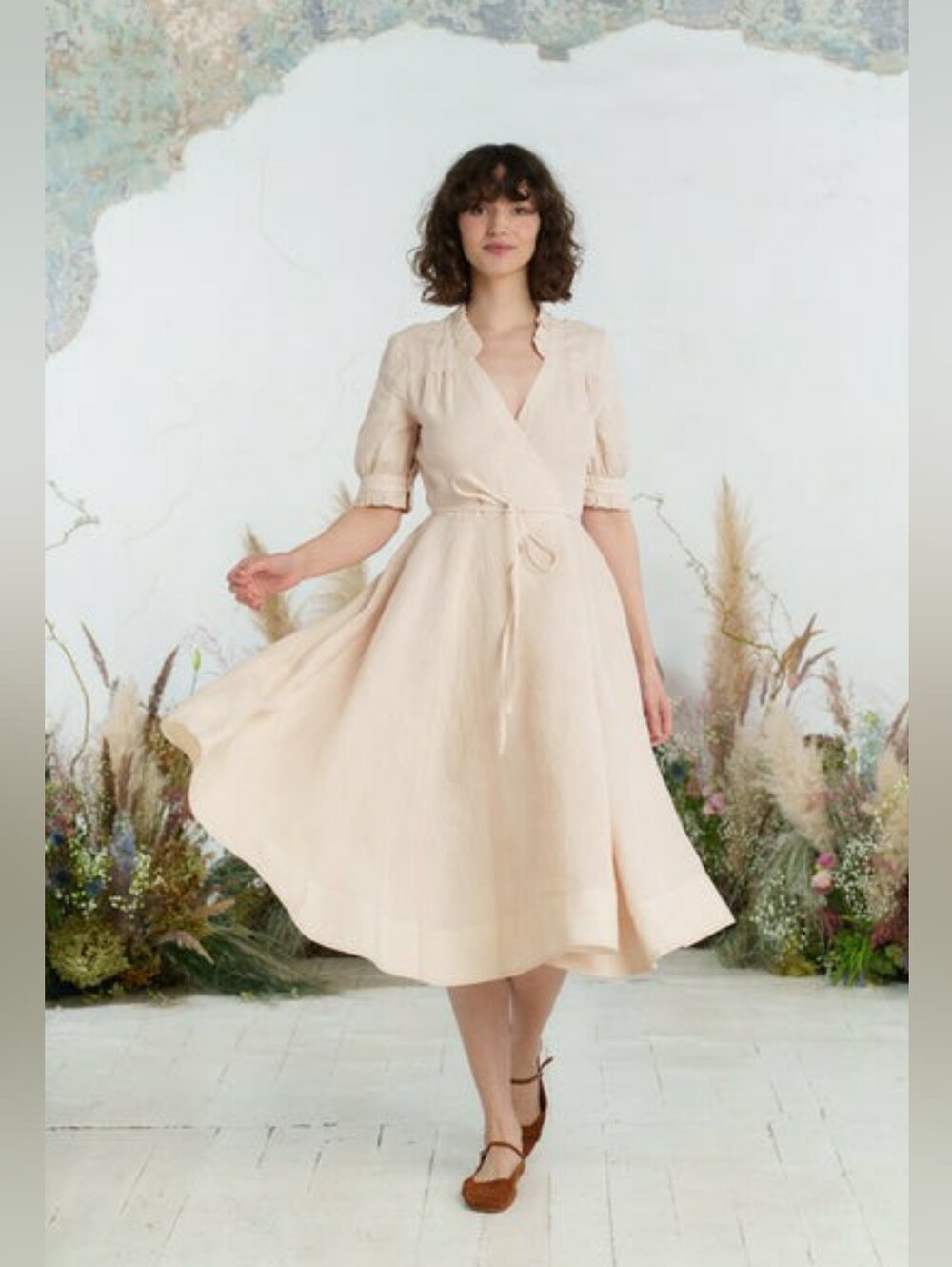 NWOT Son De Flor "Darcy" – Short Sleeve Ruffled V-Neckline Linen Wrap Dress, XXL
